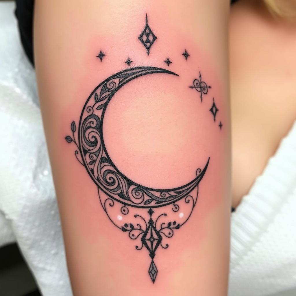 An elegant tattoo design featuring a crescent moon with intricate and unique details, showcasing a sense of sophistication