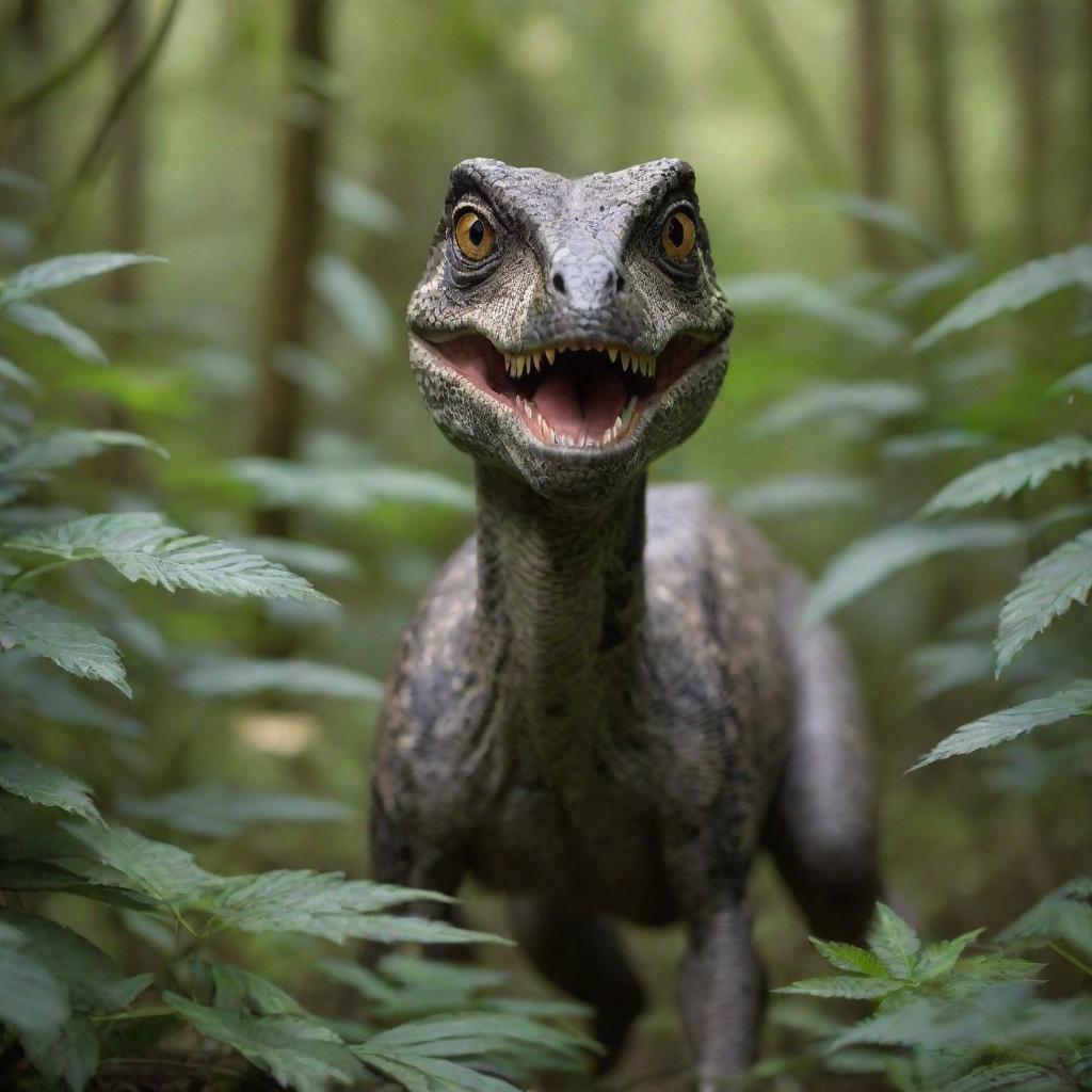 Stealthily emerging from the dense undergrowth is a cunning Velociraptor, its intelligent eyes sharply locked onto the surprised and defenseless scheming individual.