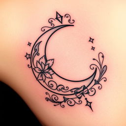 An elegant tattoo design featuring a crescent moon with intricate and unique details, showcasing a sense of sophistication