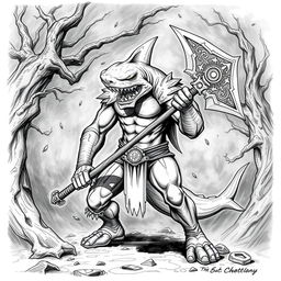 A menacing Shark-Man character depicted in a dark Dungeons & Dragons style, featuring sharp shark-like facial features, muscular build, and a fierce expression