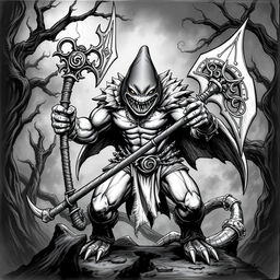 A menacing Shark-Man character depicted in a dark Dungeons & Dragons style, featuring sharp shark-like facial features, muscular build, and a fierce expression