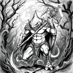 A menacing Shark-Man character depicted in a dark Dungeons & Dragons style, featuring sharp shark-like facial features, muscular build, and a fierce expression