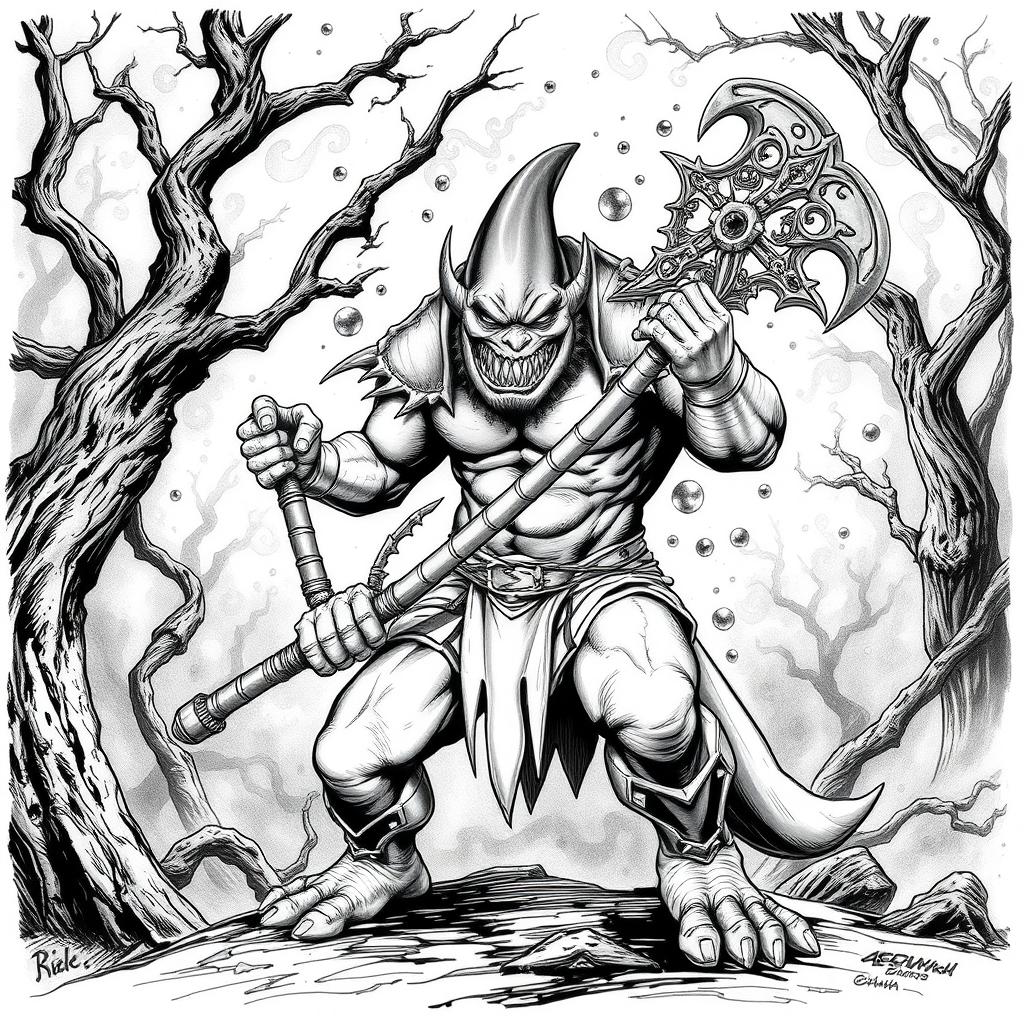 A menacing Shark-Man character depicted in a dark Dungeons & Dragons style, featuring sharp shark-like facial features, muscular build, and a fierce expression