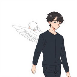 A male high schooler with sleek black hair, walking with a slight downward gaze, accompanied by a female angel with medium-length white hair following closely behind him