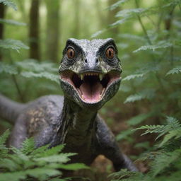 Stealthily emerging from the dense undergrowth is a cunning Velociraptor, its intelligent eyes sharply locked onto the surprised and defenseless scheming individual.