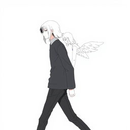 A male high schooler with sleek black hair, walking with a slight downward gaze, accompanied by a female angel with medium-length white hair following closely behind him