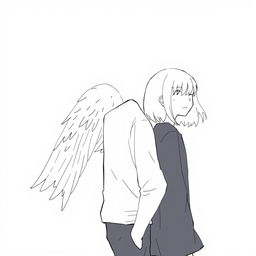 A male high schooler with sleek black hair, walking with a slight downward gaze, accompanied by a female angel with medium-length white hair following closely behind him