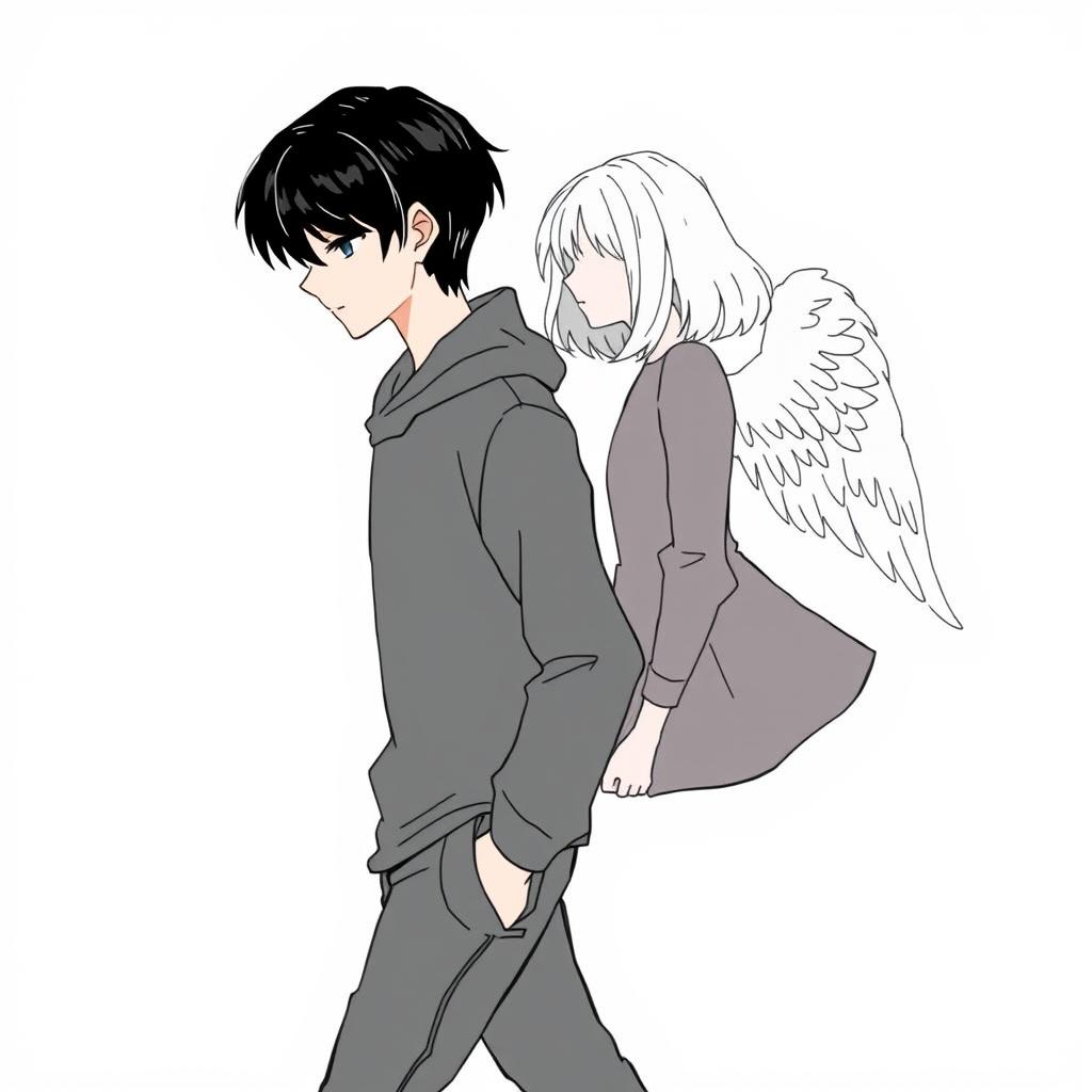 A male high schooler with sleek black hair, walking with a slight downward gaze, accompanied by a female angel with medium-length white hair following closely behind him