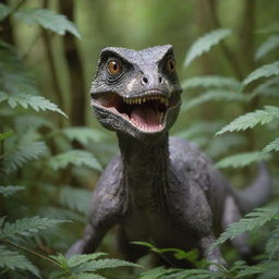 Stealthily emerging from the dense undergrowth is a cunning Velociraptor, its intelligent eyes sharply locked onto the surprised and defenseless scheming individual.