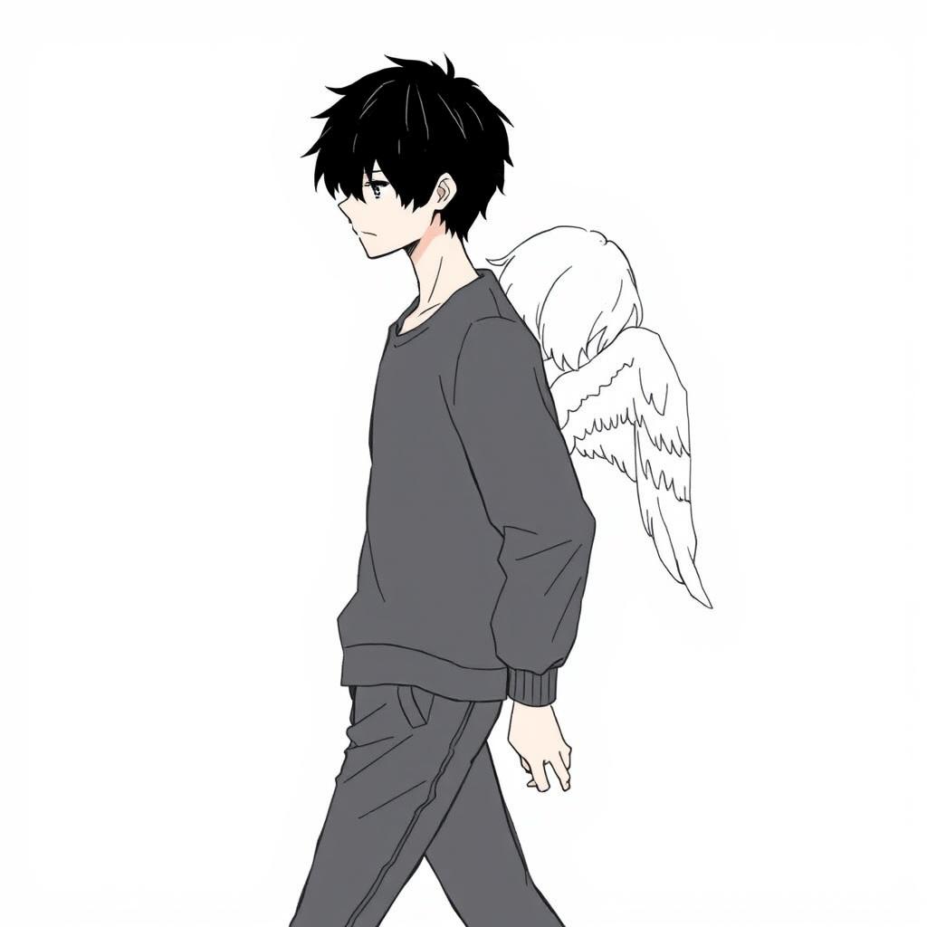 A male high schooler with black hair, walking with a slight downward gaze, accompanied by a female angel with medium-length white hair following closely behind him