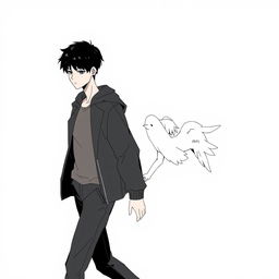 A male high schooler with black hair, walking with a slight downward gaze, accompanied by a female angel with medium-length white hair following closely behind him