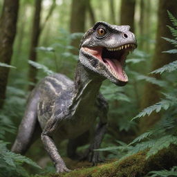 Stealthily emerging from the dense undergrowth is a cunning Velociraptor, its intelligent eyes sharply locked onto the surprised and defenseless scheming individual.