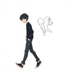 A male high schooler with black hair, walking with a slight downward gaze, accompanied by a female angel with medium-length white hair following closely behind him