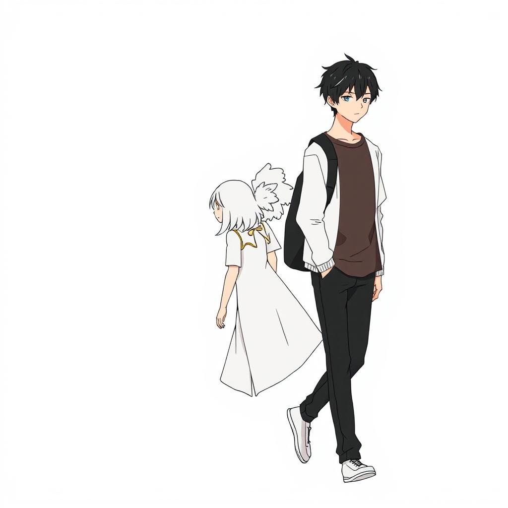 A male high schooler with black hair, walking with a slight downward gaze, accompanied by a female angel with medium-length white hair following closely behind him