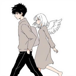 A male high schooler with black hair, walking with a slight downward gaze, accompanied by a female angel with medium-length white hair following closely behind him