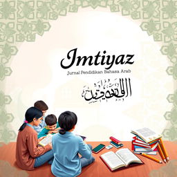 An engaging cover design for "Imtiyaz: Jurnal Pendidikan Bahasa Arab" showcasing elements of Arabic language education