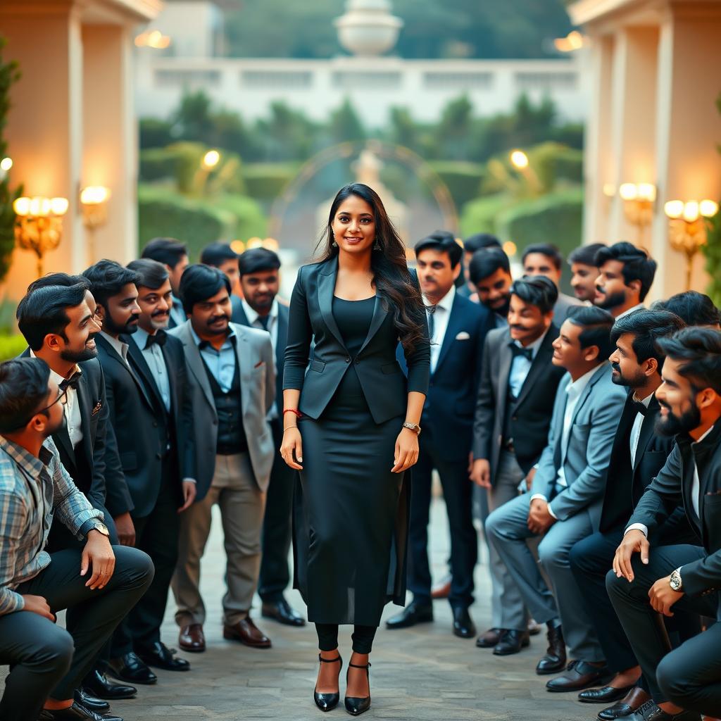 A stunning portrait of Reshmika Mandanna, the Indian actress, confidently standing in the center surrounded by 20 men