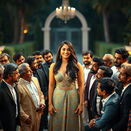 A stunning portrait of Reshmika Mandanna, the Indian actress, confidently standing in the center surrounded by 20 men