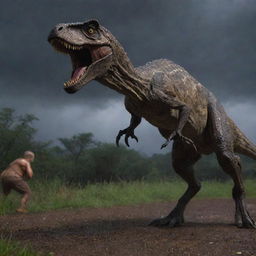 In the stormy backdrop, the Velociraptor pounces towards the helpless scheming individual with a ferocious snarl, adding a frightening twist to an already harrowing night on the Jurassic-themed park.