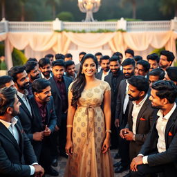 A stunning portrait of Reshmika Mandanna, the Indian actress, confidently standing in the center surrounded by 20 men