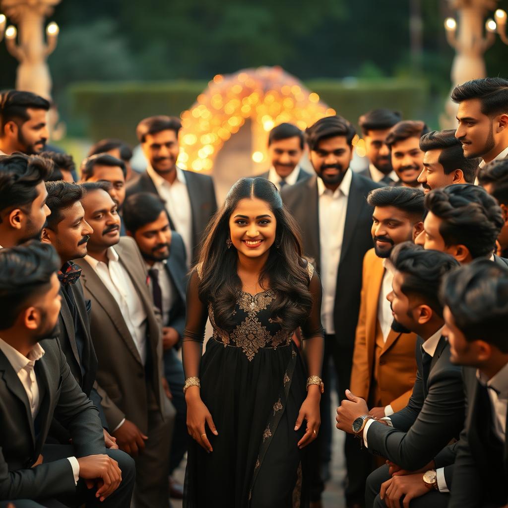 A stunning portrait of Reshmika Mandanna, the Indian actress, confidently standing in the center surrounded by 20 men