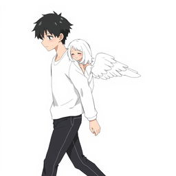 A male high schooler with dark black hair, walking with a slight downward gaze, while a female angel with medium-length white hair follows behind him, looking at him with a warm smile