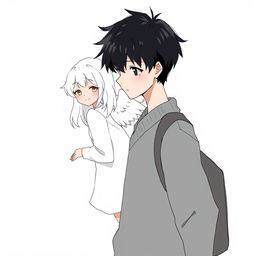 A male high schooler with dark black hair, walking with a slight downward gaze, while a female angel with medium-length white hair follows behind him, looking at him with a warm smile