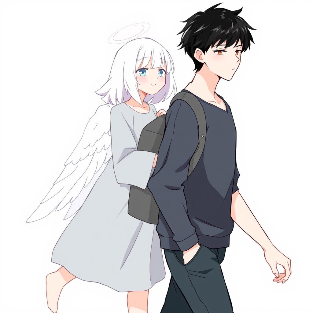 A male high schooler with dark black hair, walking with a slight downward gaze, while a female angel with medium-length white hair follows behind him, looking at him with a warm smile