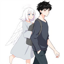 A male high schooler with dark black hair, walking with a slight downward gaze, while a female angel with medium-length white hair follows behind him, looking at him with a warm smile