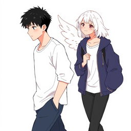 A male high schooler with black hair, walking with a slight downward gaze, while a female angel with medium-length white hair follows behind him, gazing at him with a bright, warm smile