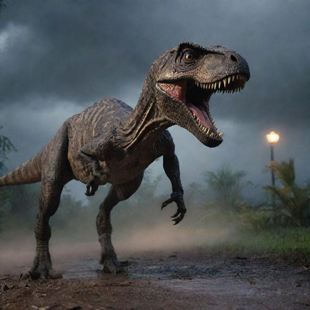 In the stormy backdrop, the Velociraptor pounces towards the helpless scheming individual with a ferocious snarl, adding a frightening twist to an already harrowing night on the Jurassic-themed park.