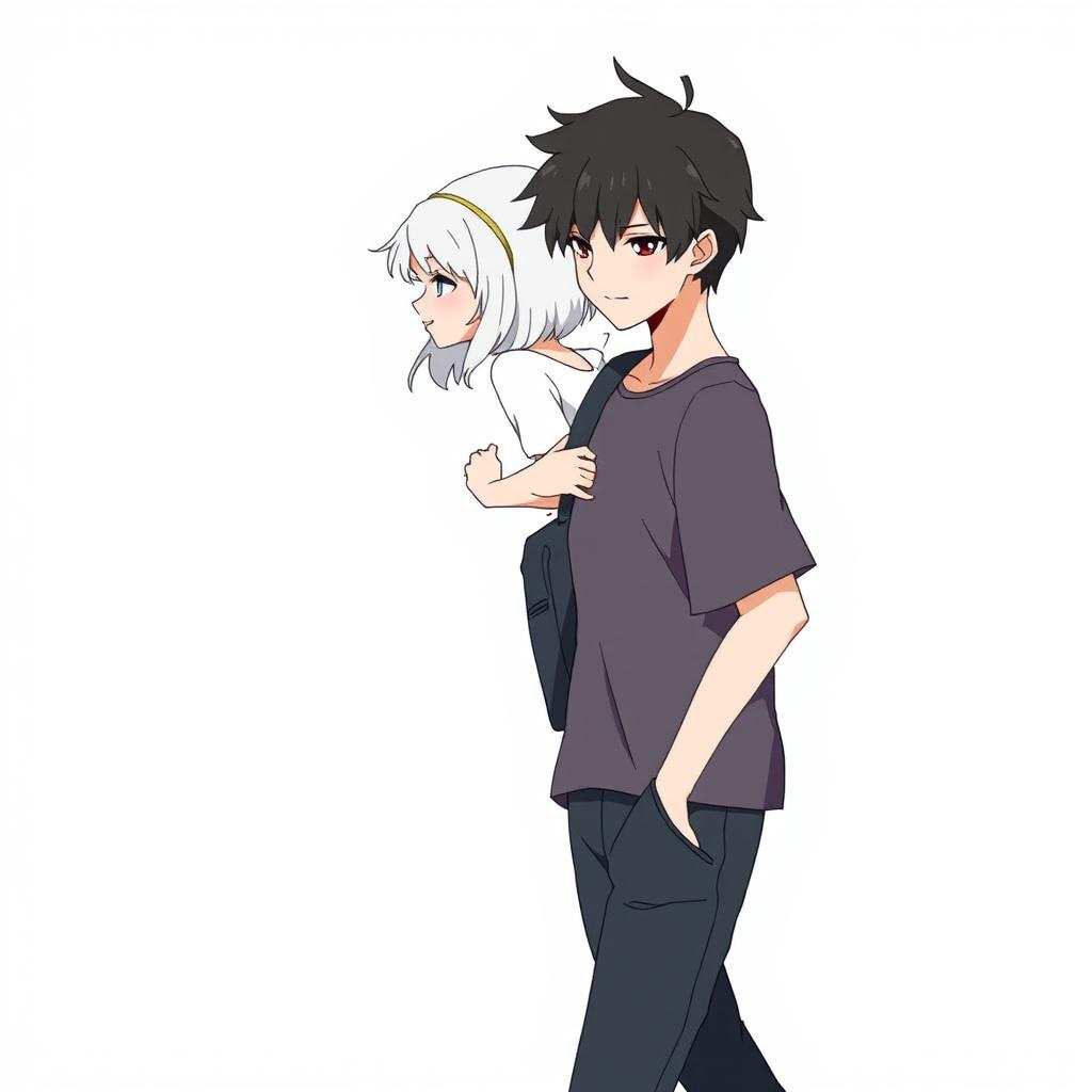 A male high schooler with black hair, walking with a slight downward gaze, while a female angel with medium-length white hair follows behind him, gazing at him with a bright, warm smile