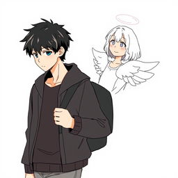 A male high schooler with black hair, walking with a slight downward gaze, while a female angel with medium-length white hair follows behind him, gazing at him with a bright, warm smile