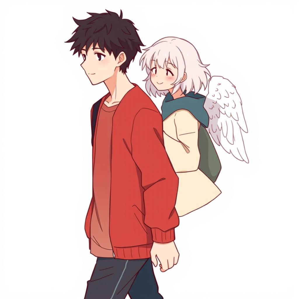 A male high schooler with black hair, walking with a slight downward gaze, while a female angel with medium-length white hair follows behind him, gazing at him with a bright, warm smile