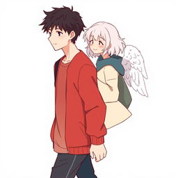 A male high schooler with black hair, walking with a slight downward gaze, while a female angel with medium-length white hair follows behind him, gazing at him with a bright, warm smile