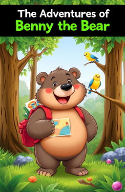 A lively cover illustration featuring Benny, a friendly bear with soft, fluffy fur, broad shoulders, and bright, curious eyes, standing cheerfully in a lush green forest