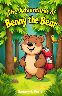 A lively cover illustration featuring Benny, a friendly bear with soft, fluffy fur, broad shoulders, and bright, curious eyes, standing cheerfully in a lush green forest