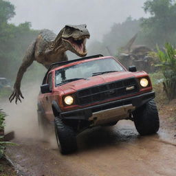 The scheming figure rapidly jumps back into the wrecked vehicle, flooring the accelerator. The Velociraptor picks up the chase, following the speeding car through the rain-drenched landscape of the Jurassic-themed park.