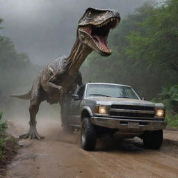 The scheming figure rapidly jumps back into the wrecked vehicle, flooring the accelerator. The Velociraptor picks up the chase, following the speeding car through the rain-drenched landscape of the Jurassic-themed park.