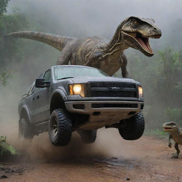 The scheming figure rapidly jumps back into the wrecked vehicle, flooring the accelerator. The Velociraptor picks up the chase, following the speeding car through the rain-drenched landscape of the Jurassic-themed park.