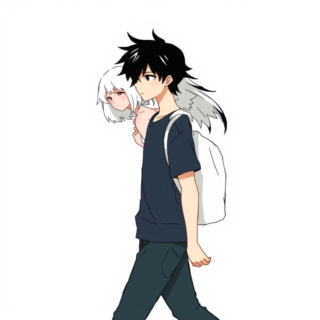 A male high schooler with black hair, depicted in a stylized 'no face' art style, walking with a slight downward gaze