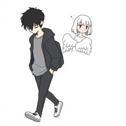 A male high schooler with black hair, depicted in a stylized 'no face' art style, walking with a slight downward gaze