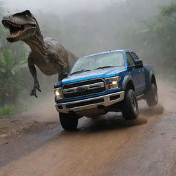 The scheming figure rapidly jumps back into the wrecked vehicle, flooring the accelerator. The Velociraptor picks up the chase, following the speeding car through the rain-drenched landscape of the Jurassic-themed park.