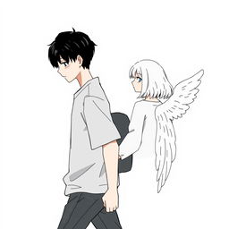 A male high schooler with black hair, depicted in a stylized 'no face' art style, walking with a slight downward gaze