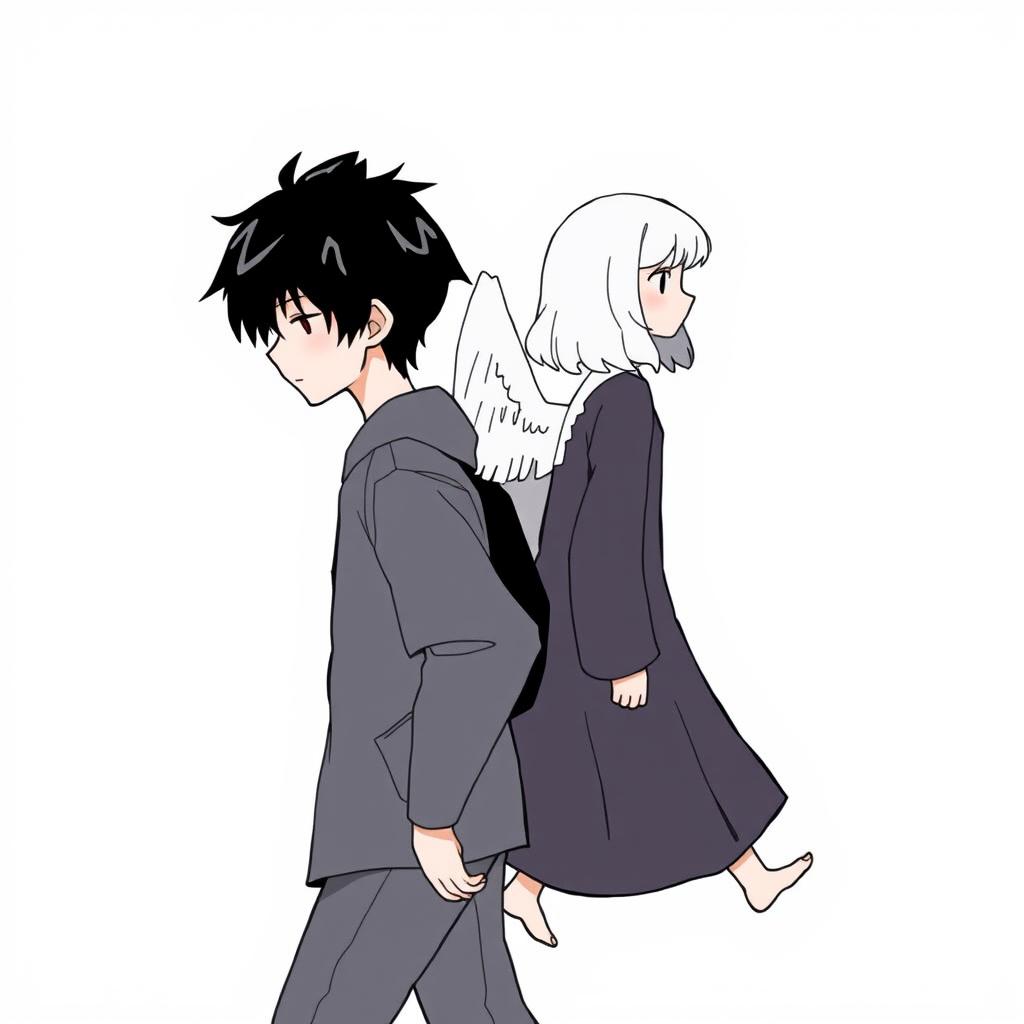 A male high schooler with black hair, depicted in a stylized 'no face' art style, walking with a slight downward gaze