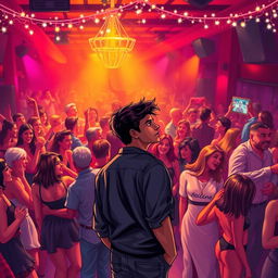 A vibrant and dynamic book cover depicting a lively party scene in a crowded room filled with people dancing, laughing, and enjoying themselves