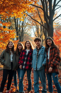 A mysterious scene capturing the essence of autumn in the 1990s, featuring a group of fashionable young adults inspired by the K-pop group NewJeans