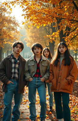 A mysterious scene capturing the essence of autumn in the 1990s, featuring a group of fashionable young adults inspired by the K-pop group NewJeans