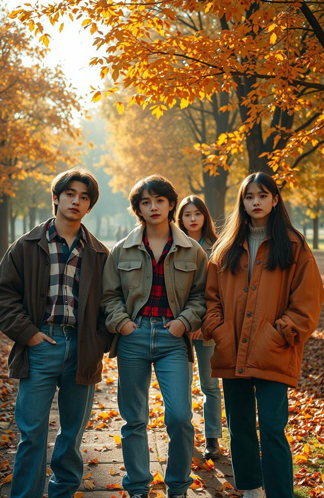 A mysterious scene capturing the essence of autumn in the 1990s, featuring a group of fashionable young adults inspired by the K-pop group NewJeans