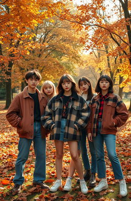 A mysterious scene capturing the essence of autumn in the 1990s, featuring a group of fashionable young adults inspired by the K-pop group NewJeans